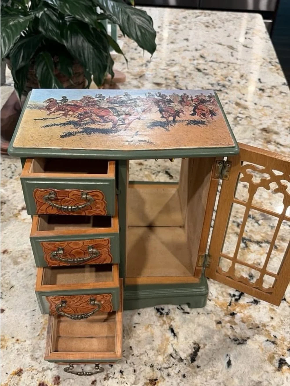 Hand-Painted Green and Tan Western Jewelry Cabinet with Glass Door